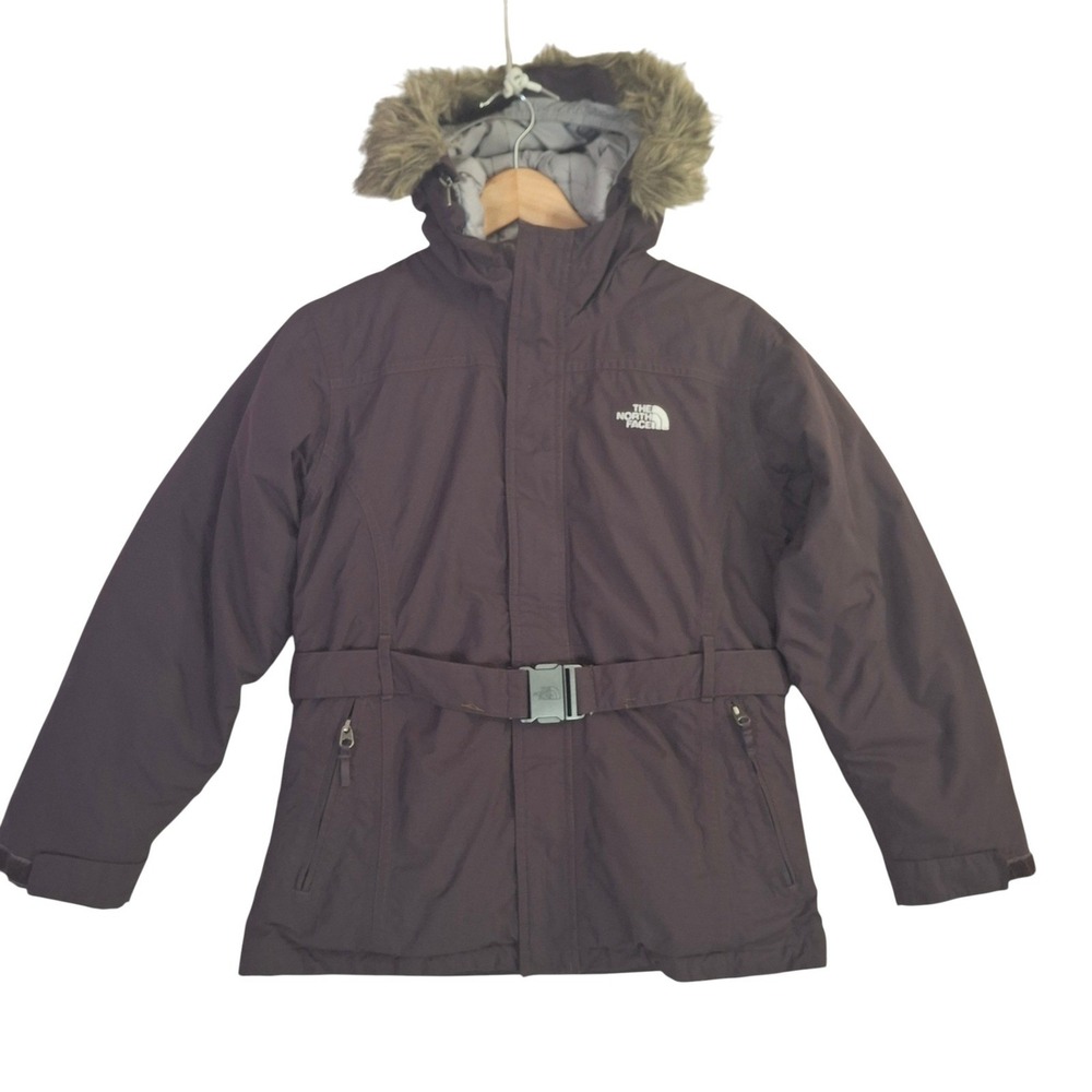 The North Face Girls Greenland Down Parka Faux Fur Hood Hyvent 550 Brown L 14/16
